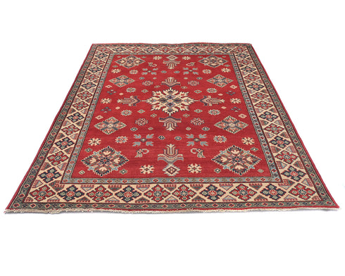 5x7 Red Kuba Afghan Hand Knotted Wool Area Rug